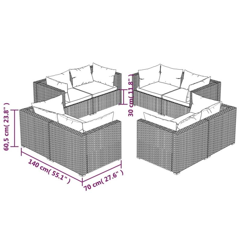 vidaXL Patio Lounge Set Outdoor Sectional Sofa Set Table Garden Poly Rattan - 27.6" x 27.6" x 24"