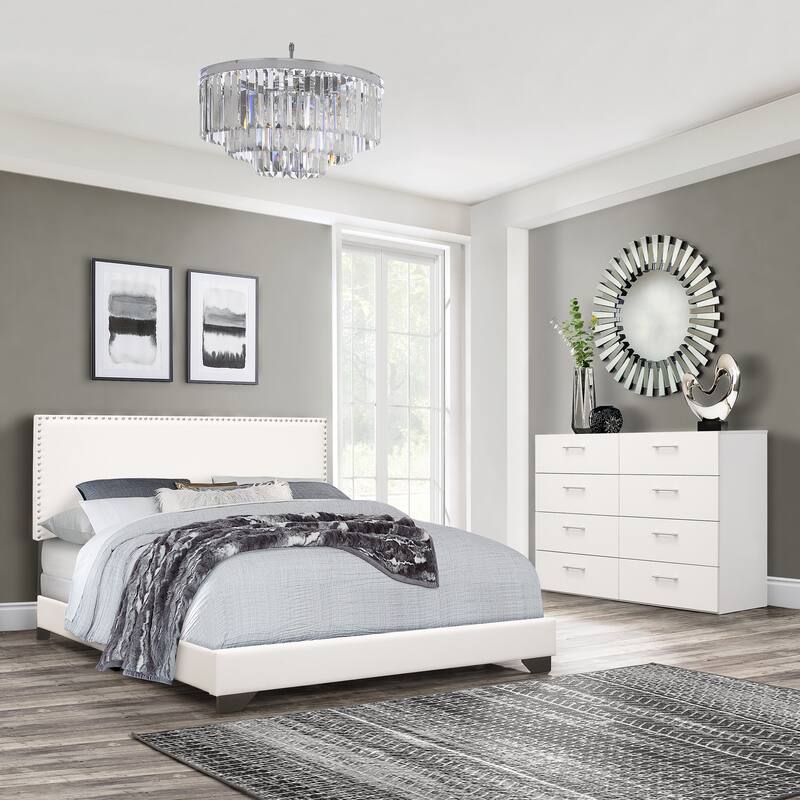 Gayle Nailhead Trim Faux Leather Upholstered Bed, by Hillsdale - White - King