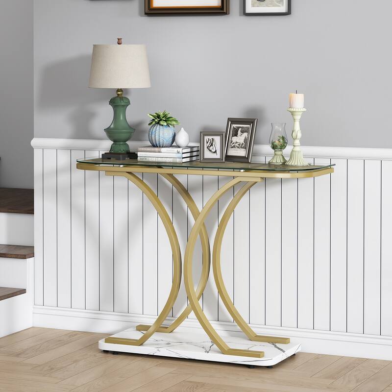 Myhozm 43.31 inches Glass Console Table with Geometric Base, Entrance Side Table for Hallway, Living Room