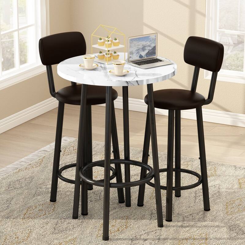 3-Piece Counter Height Bar Table Set, Faux Marble Round Bistro Dining Set with Two PU Leather Upholstered Chairs