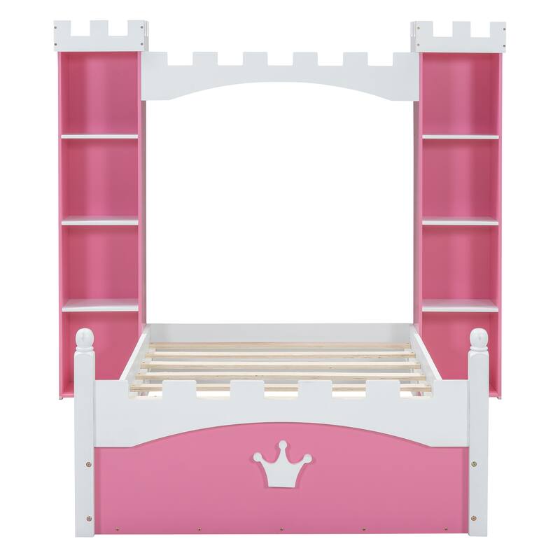 Castle-Shaped Wooden Princess Bed with Storage Shelves, Dreamy Twin Size Platform Bed Frame with Slats Support for Kids Bedroom