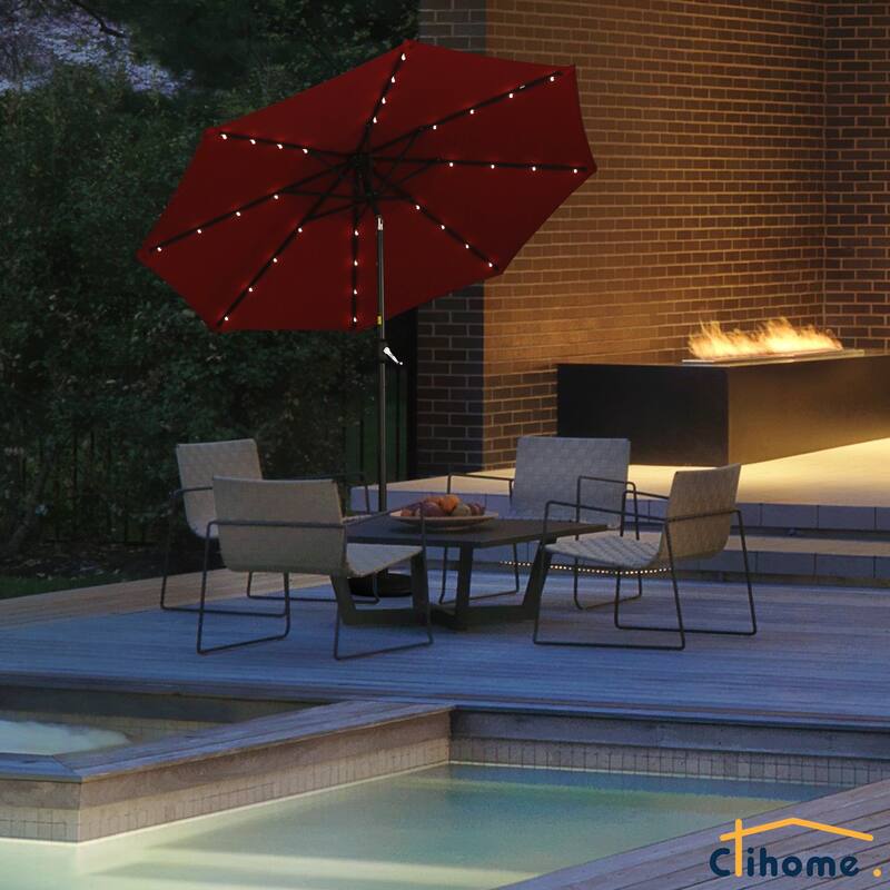 Clihome 9-Ft Outdoor 32 LED Solar Market Umbrella with Tilt & Crank