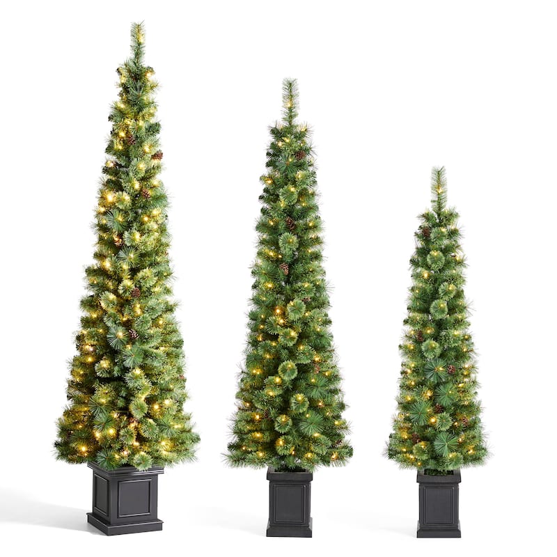 Glitzhome Set of 3 Pre-Lit Green Cashmere Pine Christmas Tree in Planter Artificial Decoration 5FT/6FT/7FT