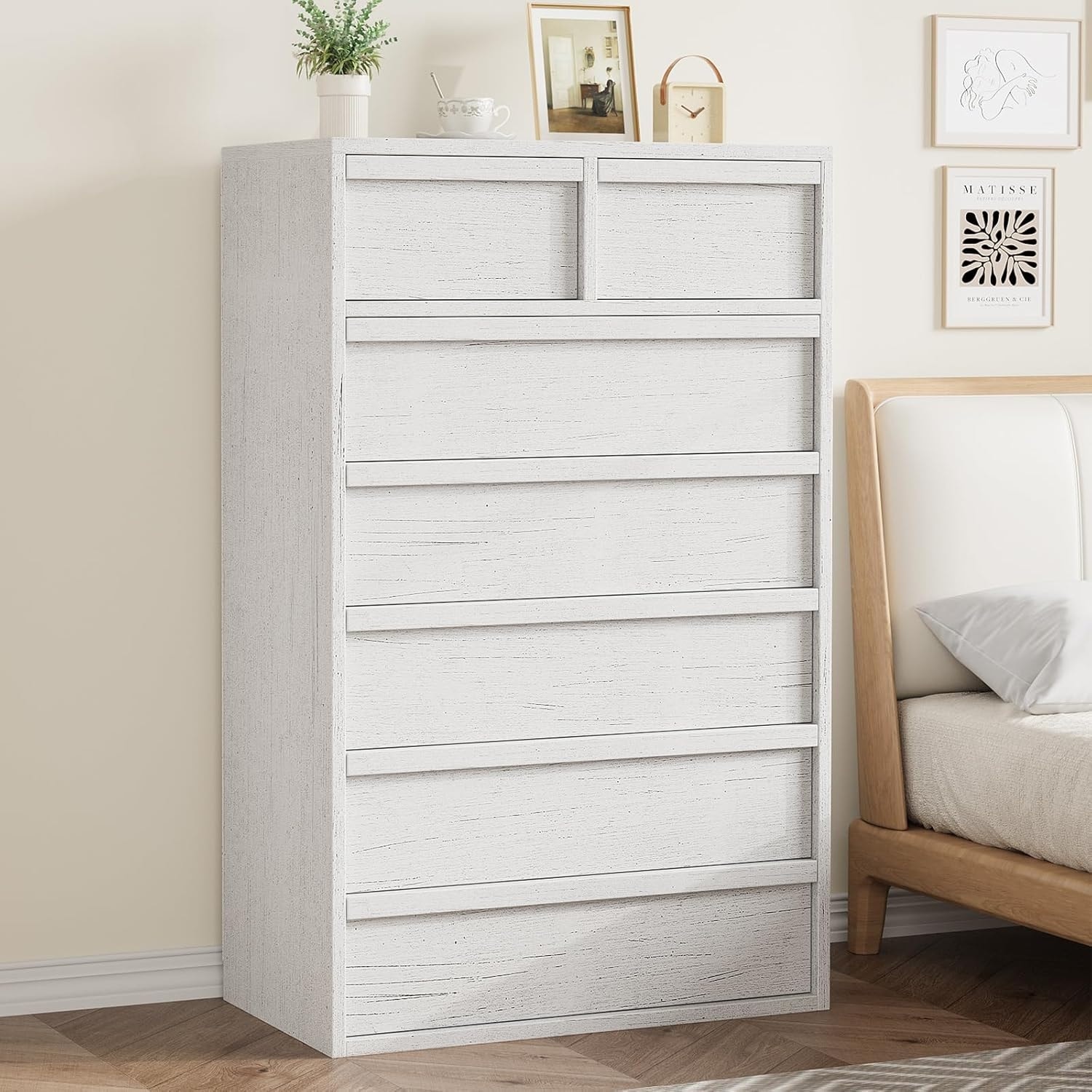 7-Drawer Modern Tall Wooden Dresser, 46" Large Storage Chest Organizer for Bedroom, Living Room, Nursery, White