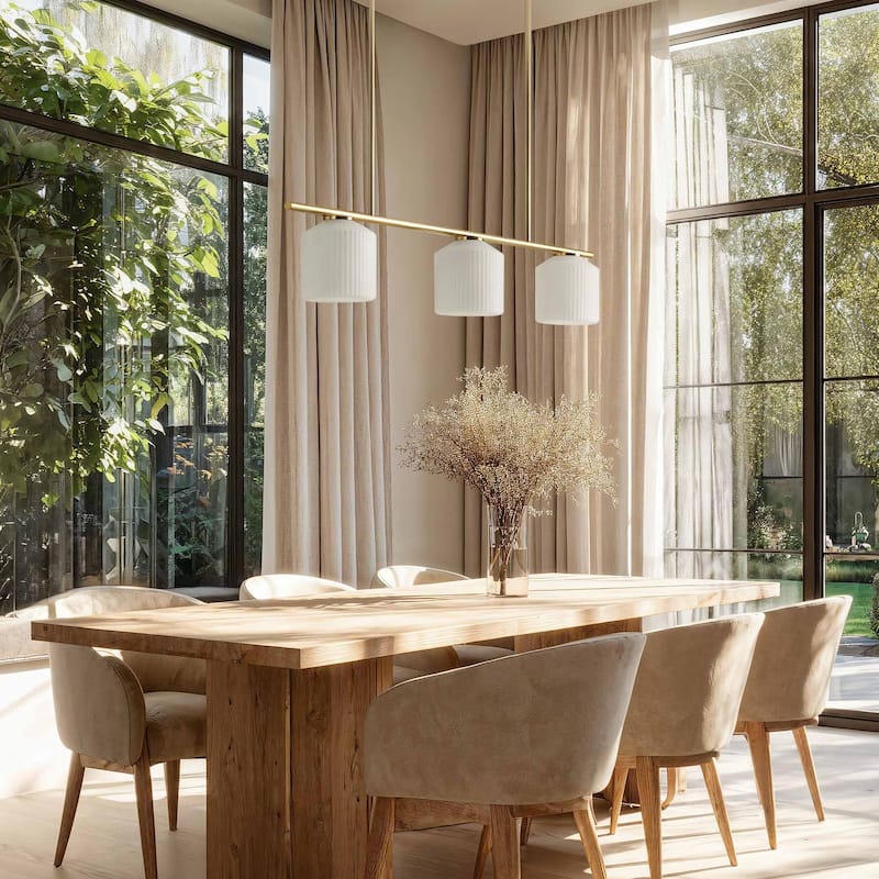 Serene Modern Pendant Light - Metal, Glass & Gold, Ivory White Linear Light Fixture For Modern, Scandinavian, Coastal Room Decor