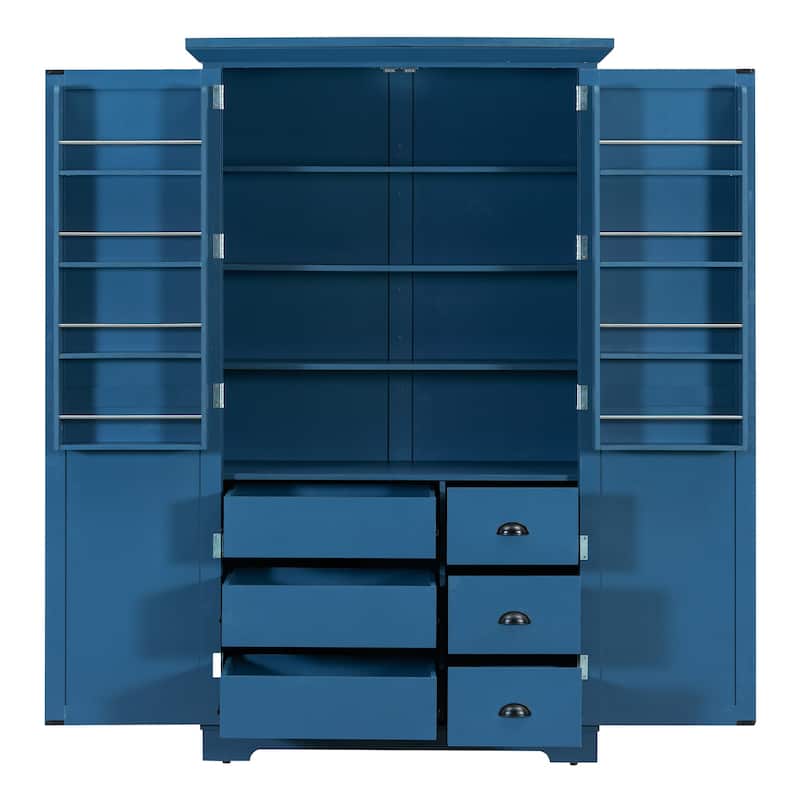 72" Shaker Style Kitchen Pantry Cabinet with Drawers, Freestanding Storage Cupboard with Pull-Out Trays - Blue