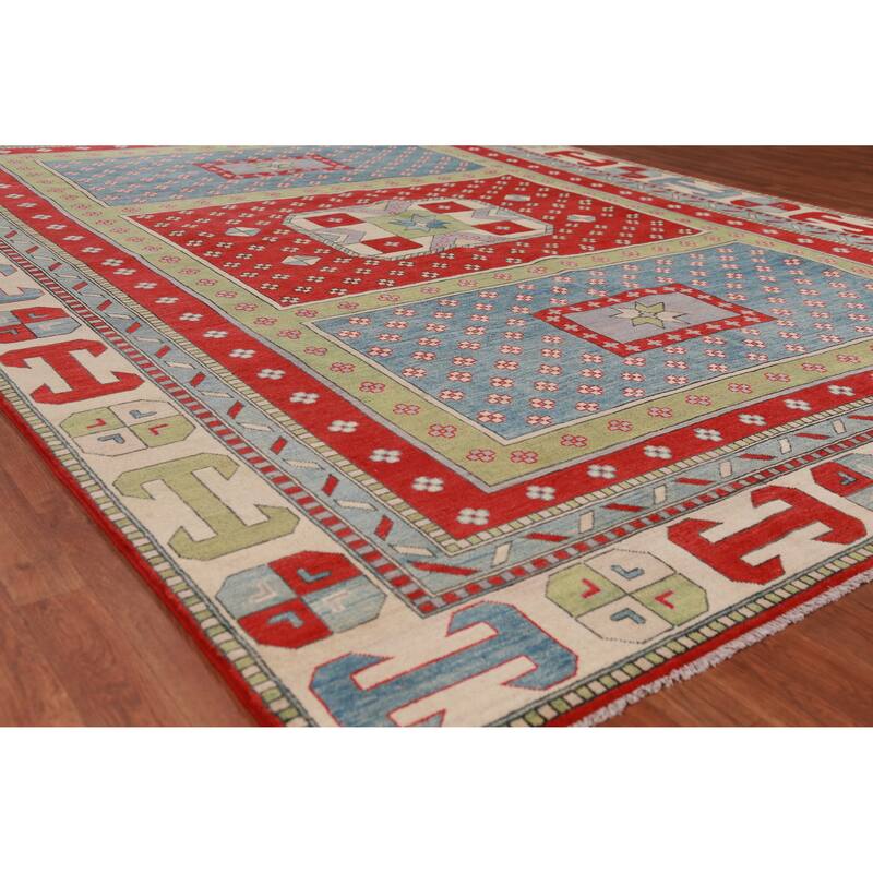 Hand Knotted Oriental 100% Wool Carpet Traditional Geometric Multi-Colored Kazak Area Rug - 11' 7'' X 8' 6''