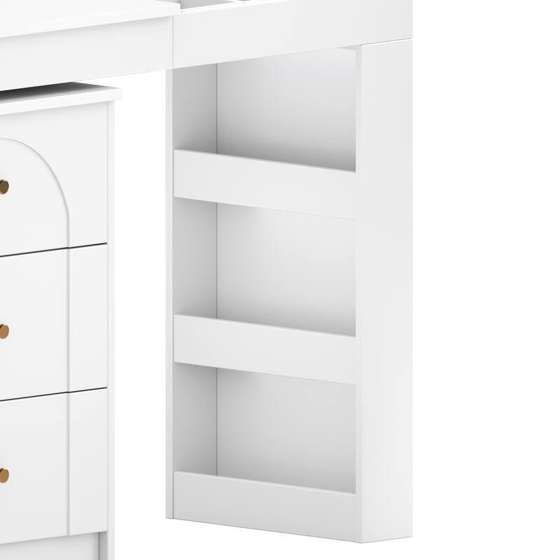 Makeup Vanity Desk with Flip-Top Mirror and Lights, L-shaped Makeup Vanity Dressing Table with 7 Drawers for Bedroom