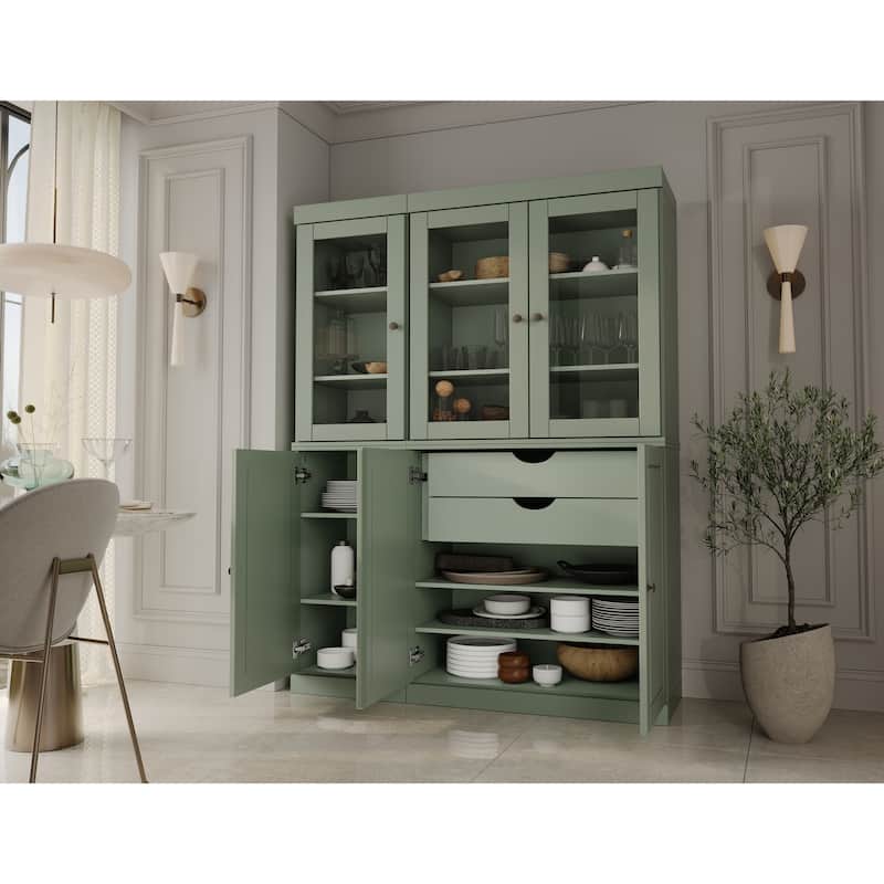 Palace Imports 100% Solid Wood Pantry China Cabinet, Raised Panel & Clear Glass Doors, 2 Drawers, 48.5" Wide, 71.5" Tall - Sage