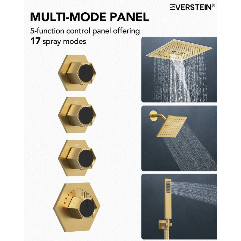 Thermostatic Music Shower System Dual Heads 16" & 6" Rainfall Waterfall LED Shower Head with High Pressure Handheld Spray