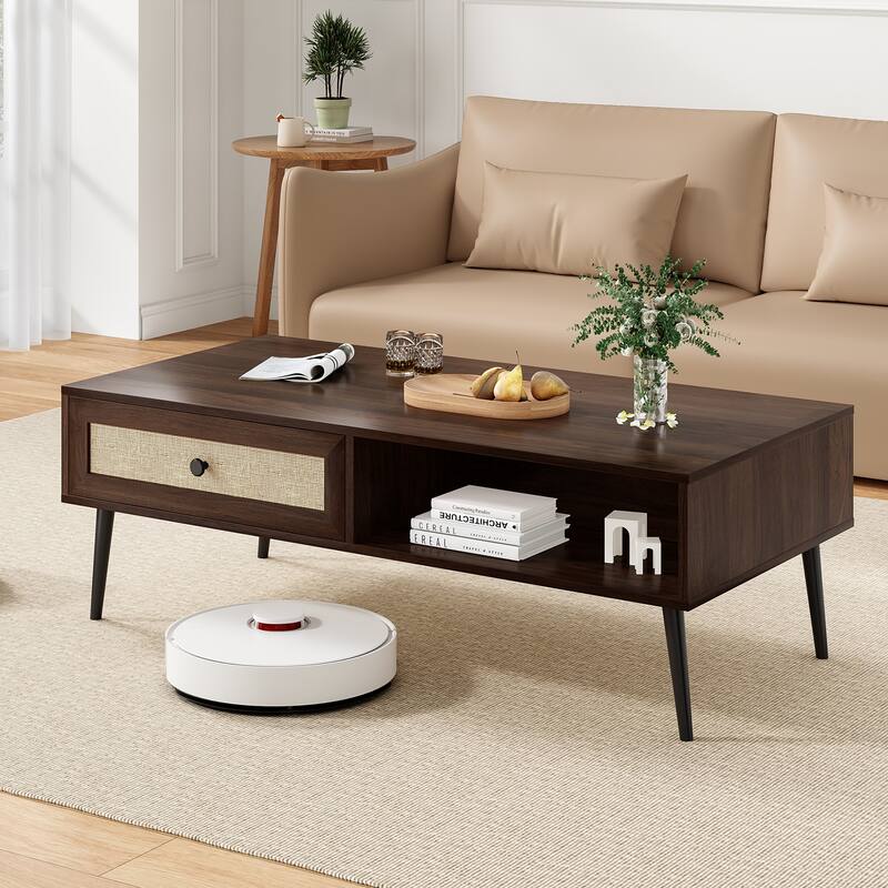 Modern Coffee Table, 47 Inch Rectangle Console Table with Drawer & Shelf, Wooden Coffee Table for Living Room, Office