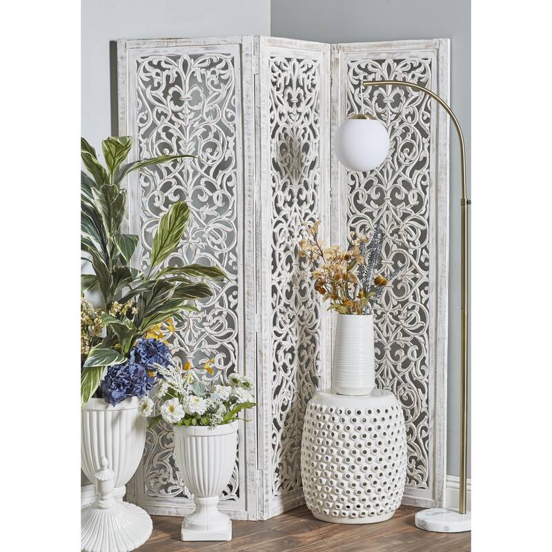 Wooden Floral Handmade Hinged Foldable 3 Panel Room Divider Screen with Intricate Carved Design - White - Roche River Decor