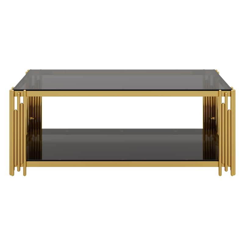 Living Room Table Set of 3 with 1 Coffee Table and 2 End Tables, Rectangle, Tempered Glass, Asymmetrical Metal