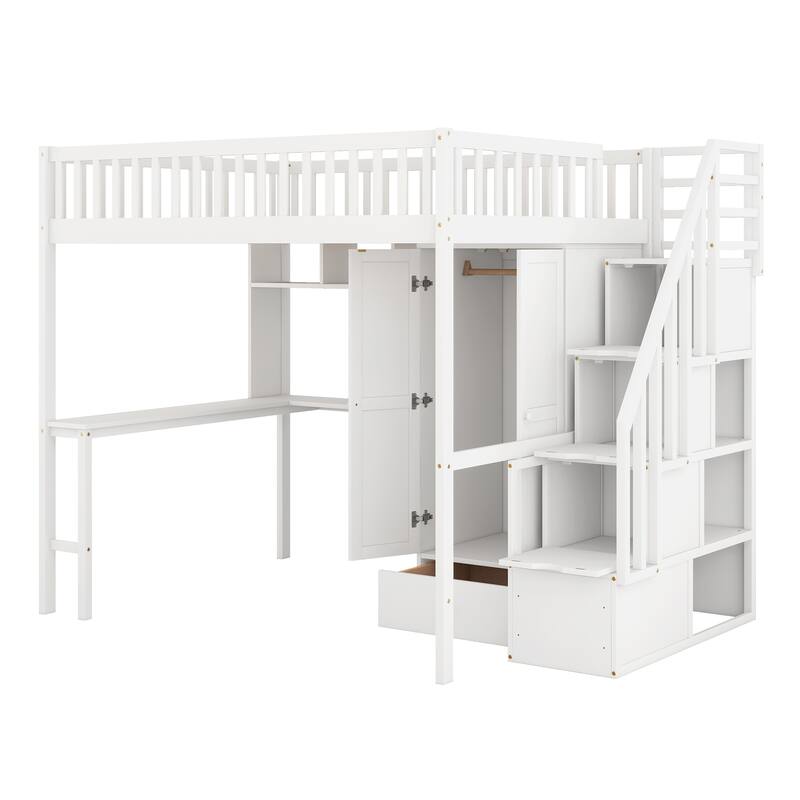 Loft Bed with Bookshelf,Drawers,Desk,and Wardrobe