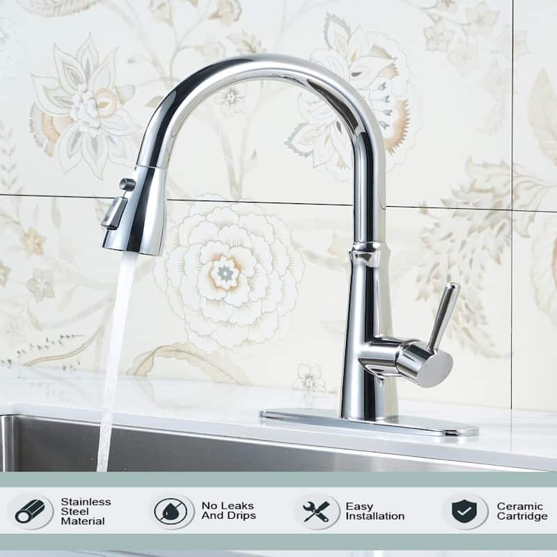 WOWOW Single Handle 3-Mode Pull Out Sprayer Kitchen Faucet