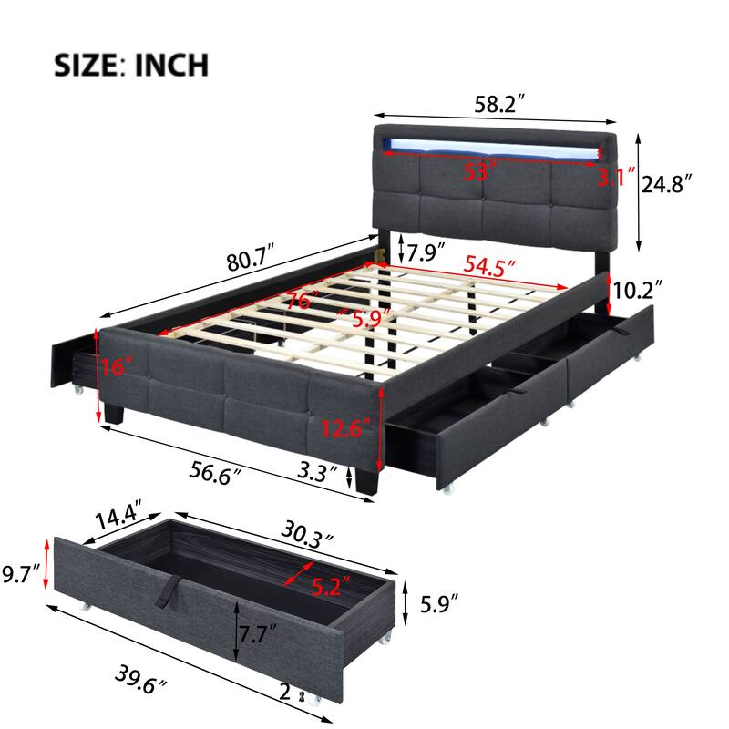 Linen Upholstered Platform Bed Frame with LED Light Headboard & 2 Drawers