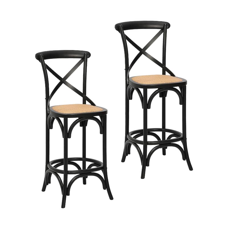 Porthos Home Ziva Bar Stools Set of 2, Elm Wood with Woven Rattan