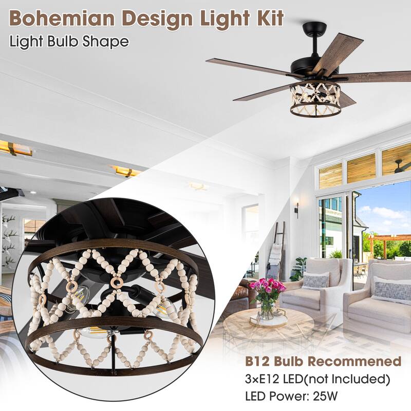 52" Bohemian Black Ceiling Fan with Wood Beaded Light Kit and Remote Control - 52 in. D x 52 in. W x 18.2 in. H