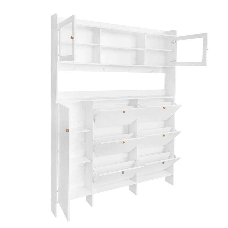 Sophisticated Shoe Cabinet with 6 Flip Drawers, 4 Hooks, Glass Doors