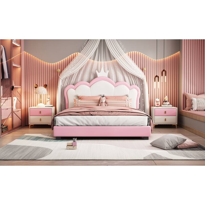 Twin Upholstered Platform Bed with Crown-Shaped Headboard, Pink & White Princess Design, Sturdy PU Leather Frame