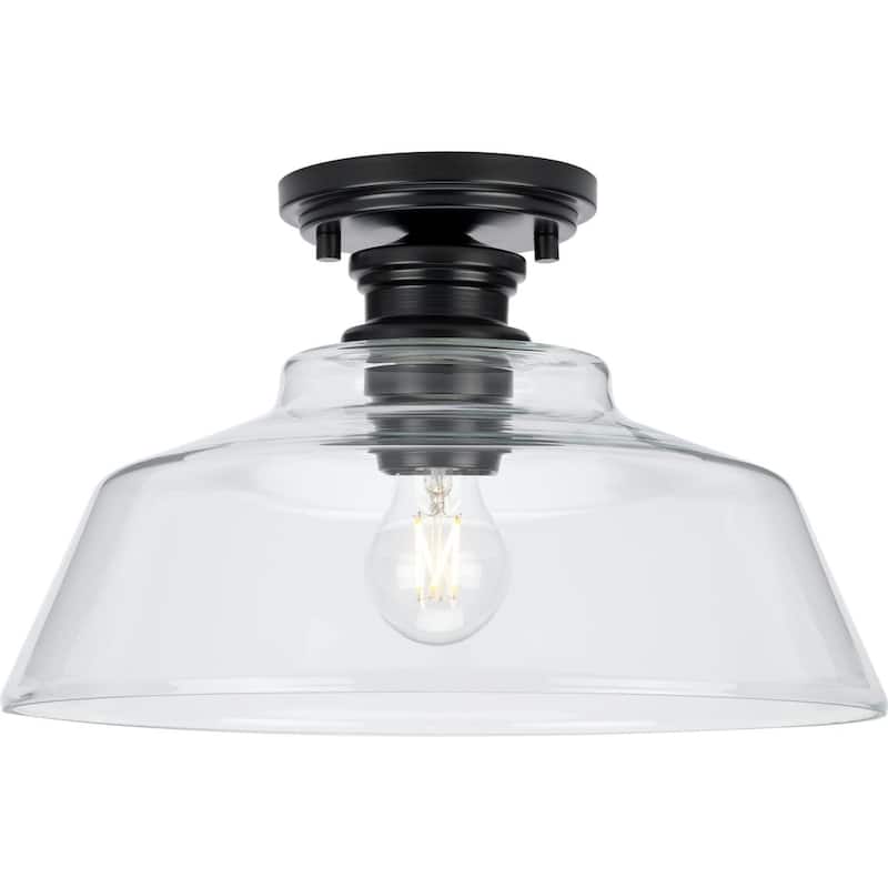 Singleton Collection 1-Light 14 in. Matte Black Medium Semi-Flush Mount Light with Clear Glass Shade