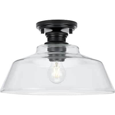 Singleton Collection 1-Light 14 in. Matte Black Medium Semi-Flush Mount Light with Clear Glass Shade