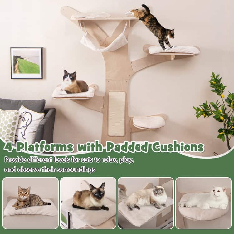 Wall-Mounted Cat Tower with Hammock Platforms and Sisal Scratching Mat - 5th Platform: 16.5" x 14.5" (L x W)