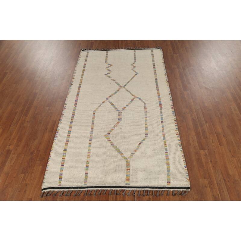 Ivory Moroccan Area Rug Hand-Knotted Stripe Wool Carpet - 4'11"x 8'8"