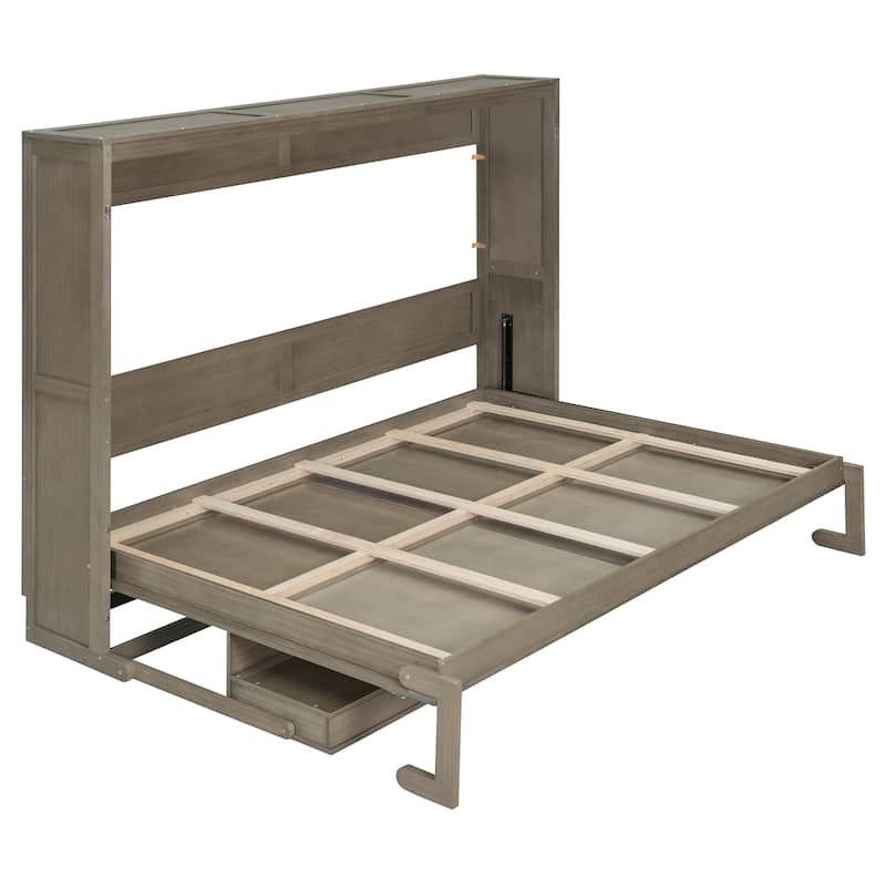 Queen Murphy Bed with Storage & Vanity Desk, Wall Mounted Folding Cabinet Bed with Mirror and Drawers for Small Space