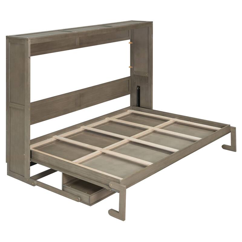 Space-Saving Queen Murphy Bed with Vanity Desk, Mirror & Storage Drawers in Distressed Gray
