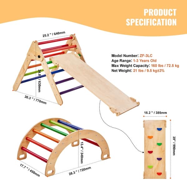 dimension image slide 1 of 4, Pikler Triangle Set, Toddler Climbing Toys Indoor Playground, Ramp, and Arch, Montessori Climbing Set with Triangle
