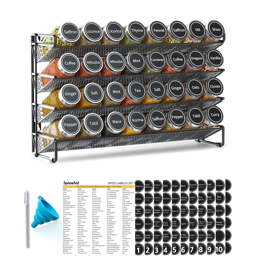 Spice Rack Organizer with 32 Spice Jars,386 Spice Labels, Chalk Marker and Funnel Door & Wall Mount - 32 Jars,15.3" W × 10.8"