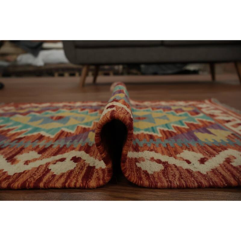 Hand Woven Oriental 100% Wool Carpet Southwestern Geometric Red Kilim Area Rug - 2' 11'' X 2' 1''
