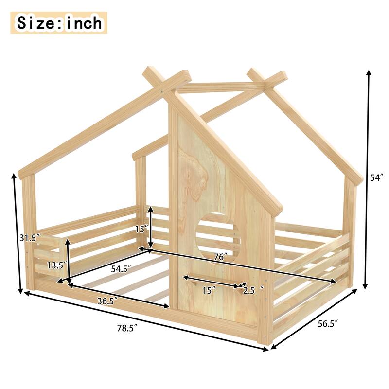 Wooden House Floor Bed, Modern Kids Montessori Playhouse Bed Frame with Window and Roof
