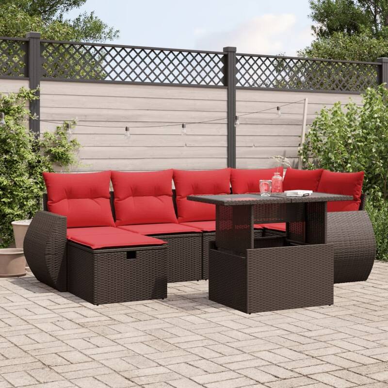 vidaXL Patio Sofa Set with Cushions Sectional Couches 7 Piece Poly Rattan - Brown - 24.4" x 24.4" x 27.2"