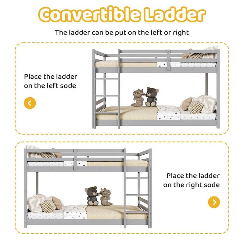 Kids Low Floor Bunk Bed Twin Over Twin With Guard Rails And Stairs