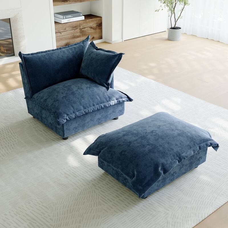 Casual 40"W Oversized Soft Comfy Cloud Chenille Chaise Lounge with Ottoman - Right Facing - Navy