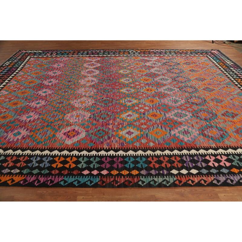 Kilim Area Rug Hand-Woven Geometric Wool Carpet - 10'4" x 13'2"