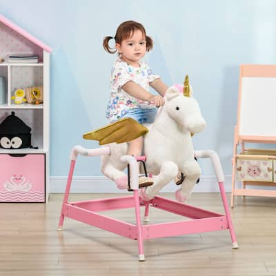 Pink Kids Rocking Horse with Unicorn Design and Realistic Sound Soft Flannel and Metal Frame - 39.25" L x 23.5" W x 30.25" H
