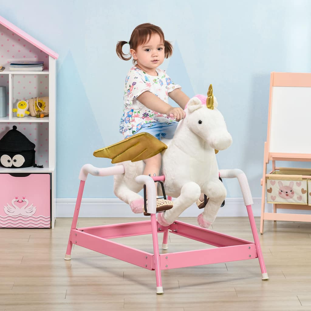 Pink Kids Rocking Horse with Unicorn Design and Realistic Sound Soft Flannel and Metal Frame - 39.25" L x 23.5" W x 30.25" H