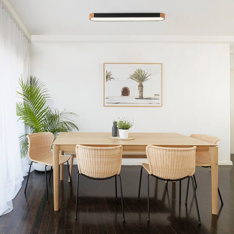 Modern Wood Grain Linear Flush Mount Ceiling Light Matte Black LED Fixture for Bedroom Living Room Kitchen - N/A