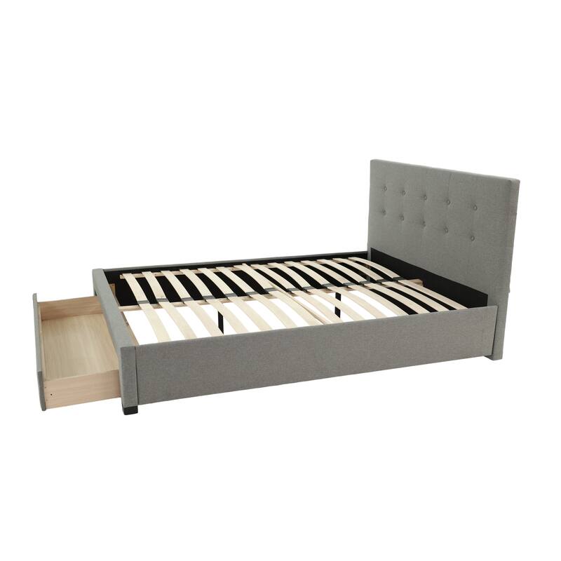 Full Size Modern Bed with Tufted Headboard and Storage Drawer, Grey Polyfiber Finish