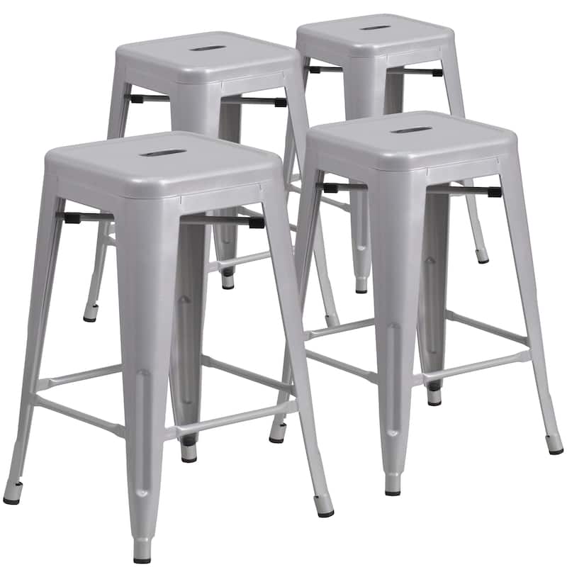 4 Pack 24"H Backless Metal Indoor-Outdoor Counter Height Stool w/Square Seat - Silver