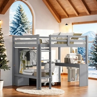 Full Loft Bed with L-shaped Desk, Wardrobe and Storage Shelves, Grey