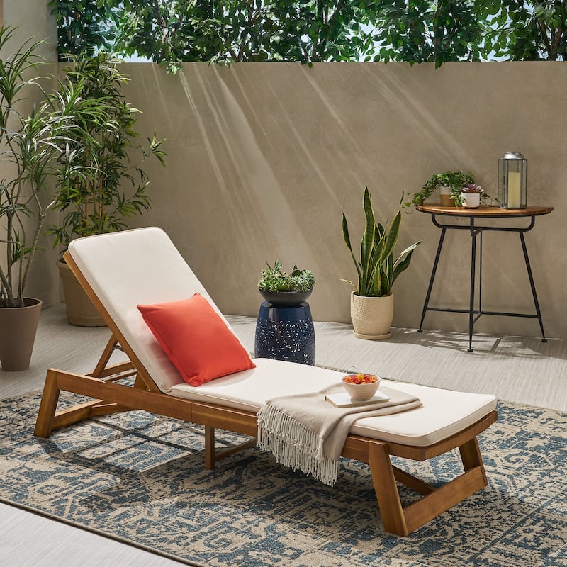 Maki Outdoor Acacia Wood Chaise Lounge and Cushion Set by Christopher Knight Home - Teak Finish+Natural+Cream