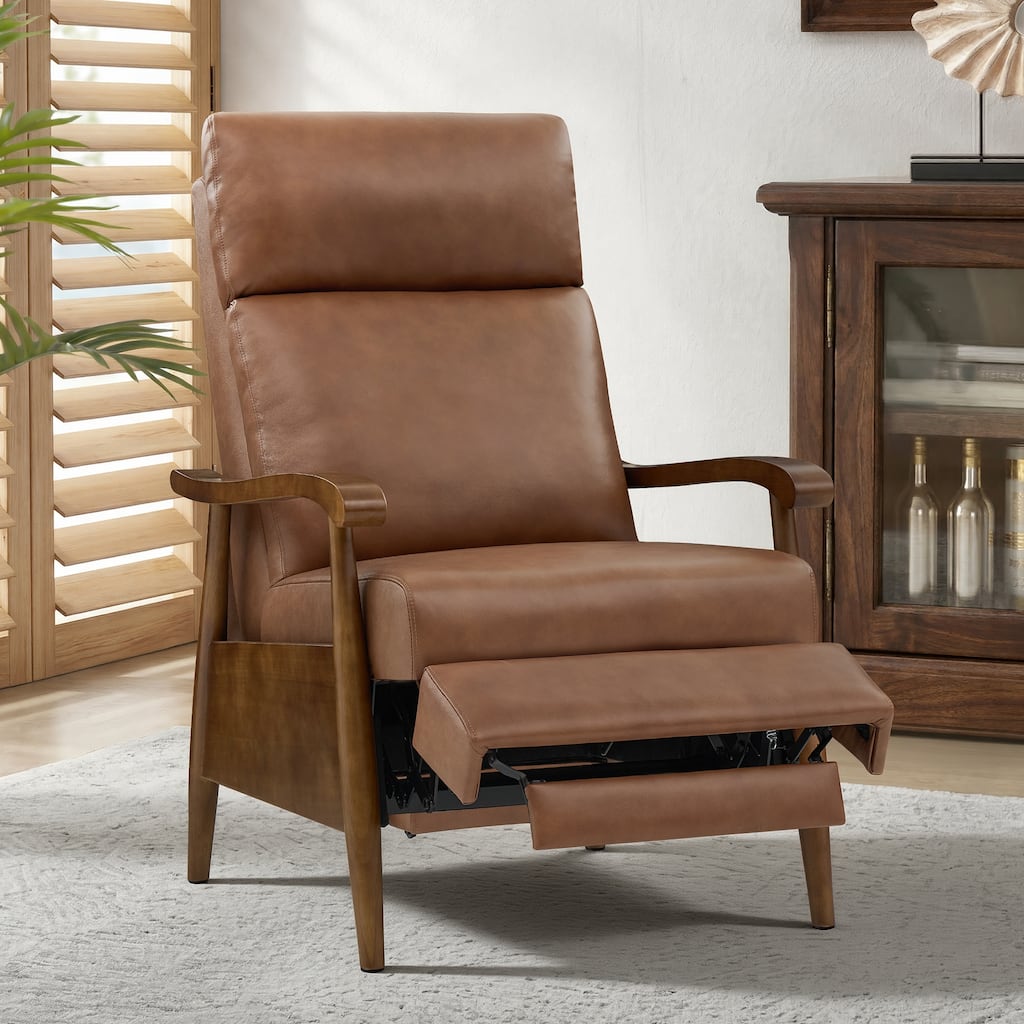 Genuine Leather Push-Back Recliner, Mid-Century Modern Recliner Chair with Solid Wood Arms and Walnut Legs