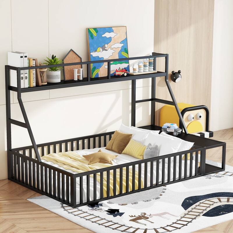 Kids Metal Floor Bed with Safety Fence, Full Size Montessori Bed with Storage and Desk, Play Space for Children - Black Full - Full