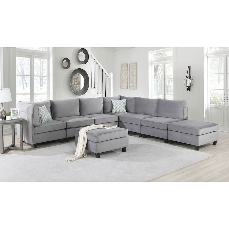 8 Piece U Shape Velvet Modular Sectional Sofa with 2 Ottomans, Gray