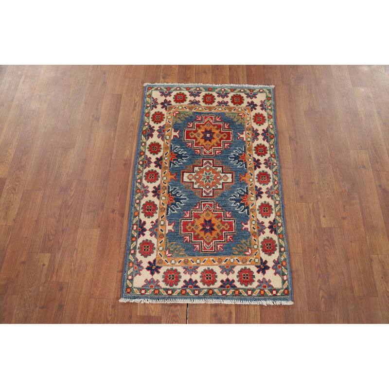 Hand Knotted Oriental 100% Wool Carpet Traditional Geometric Navy Blue & Blues Kazak Area Rug - 3' 1'' X 1' 11''