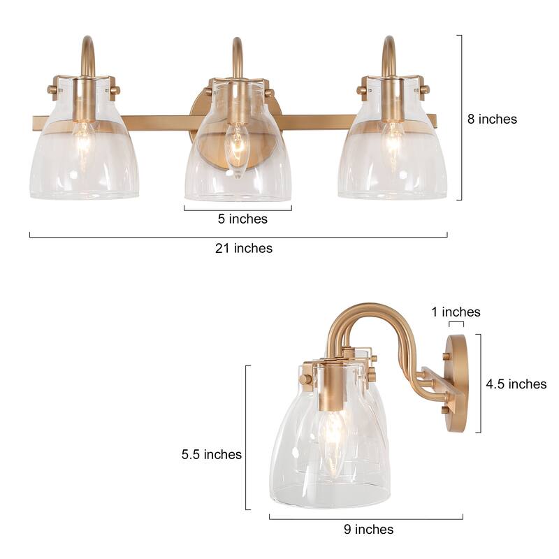 Modern 3-Light Gold Bathroom Vanity Light Glass Wall Sconces - Warm Gold - 21" L x 9" W x 8" H